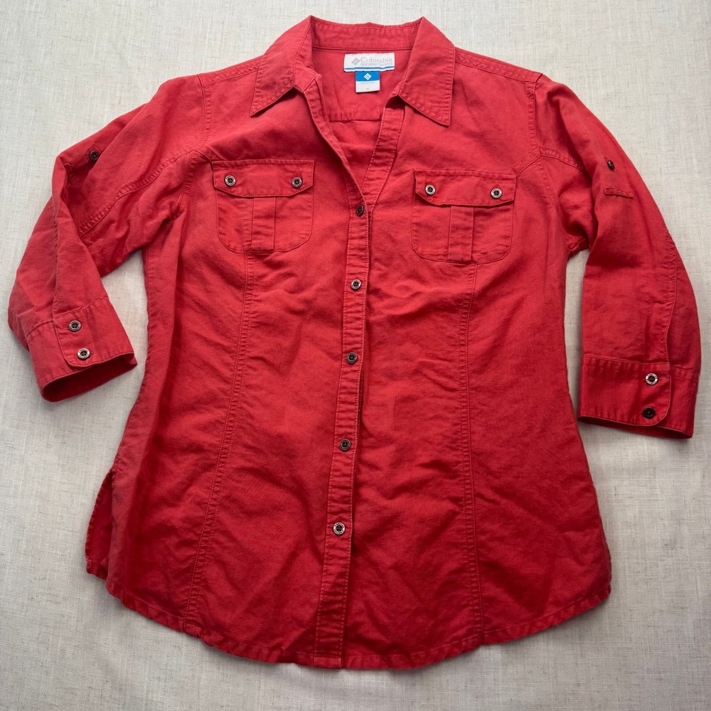 Columbia Womens Red Linen Blend 3/4 Sleeve Button Down Shirt AL7490 Size M